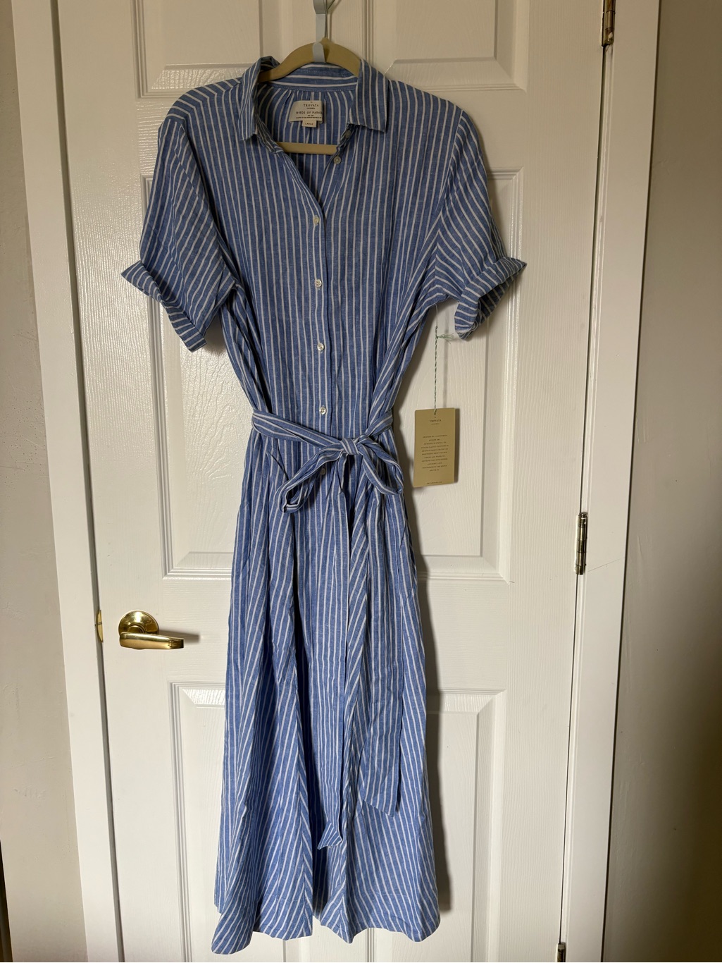 Trovata Blue And White Striped Linen Maxi Shirt Dress With Tie Waist